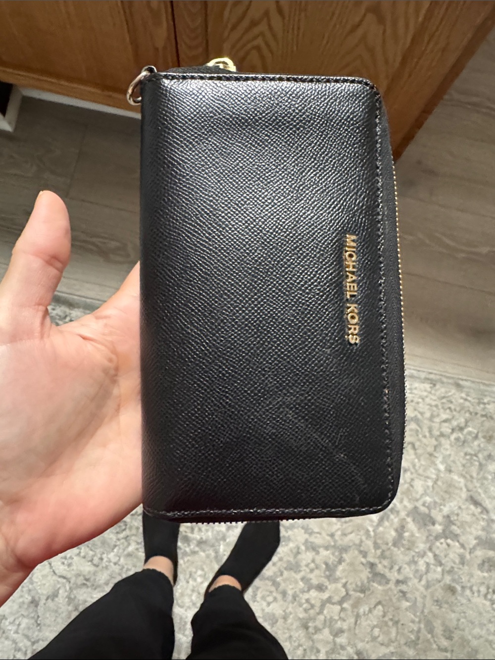 Michael Kors Black Saffiano Zip Wallet with Gold Logo